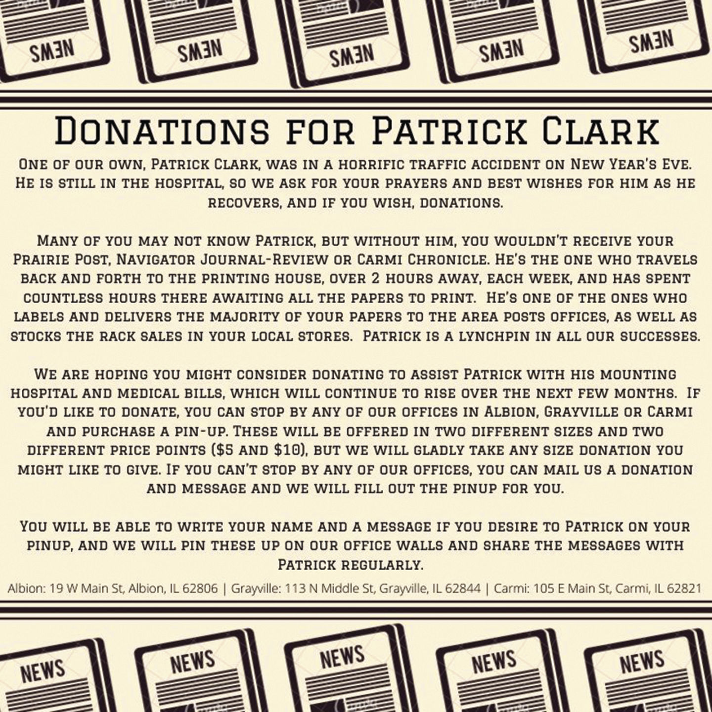 Taking donations for Patrick Clark